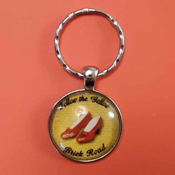 Dorothy Ruby Slippers Follow The Yellow Brick Road Cabochon Key Ring Necklace - Picture 1 of 5